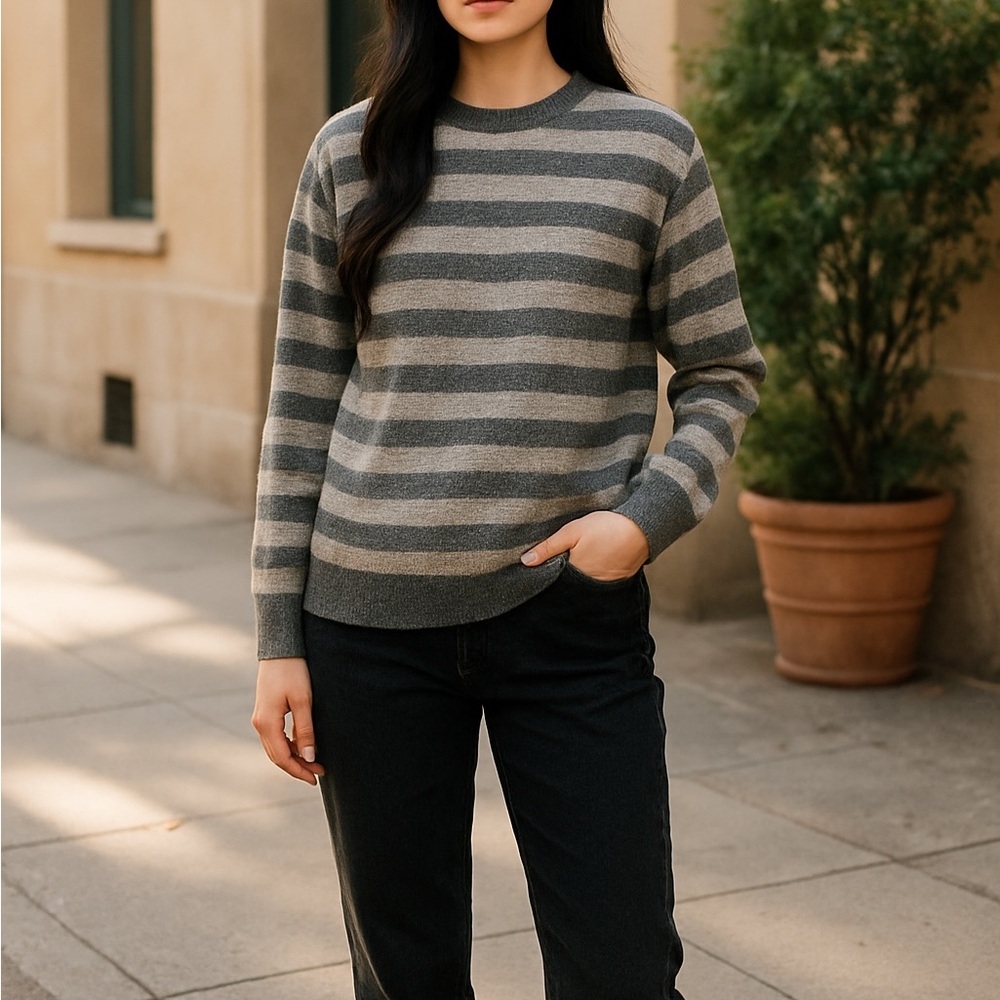 Vince Luxurious Wool Cashmere Blend Striped Crewneck Sweater Gray Sz Small